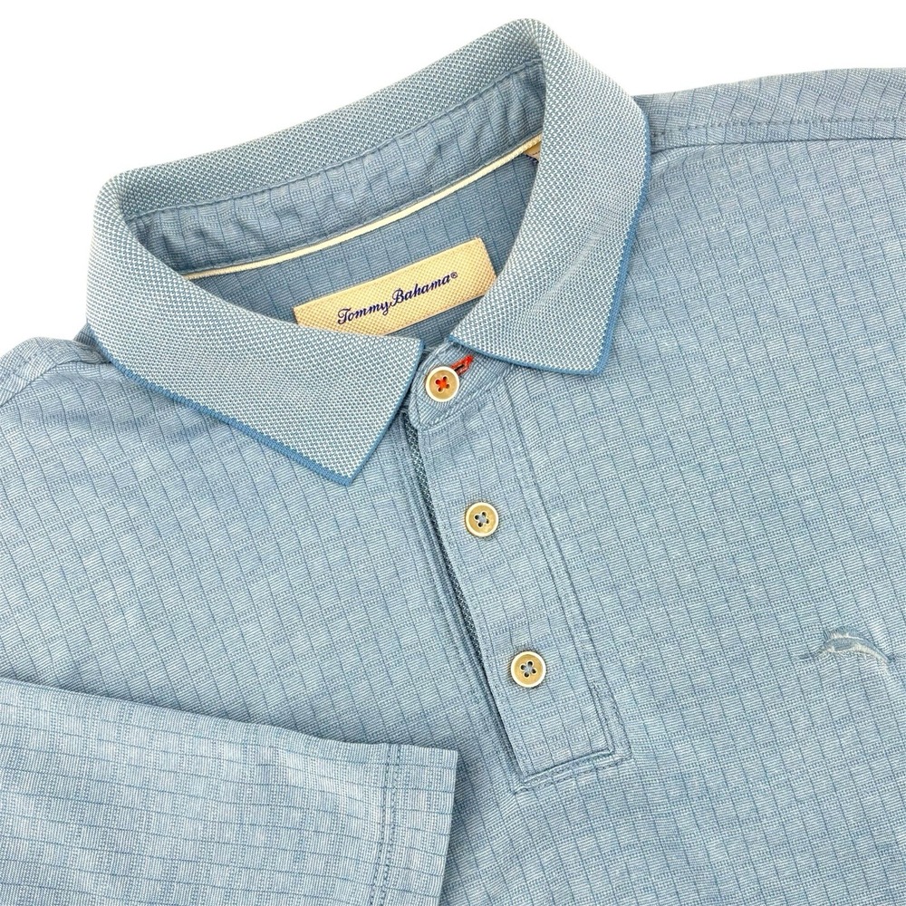 Tommy Bahama Mens Large Blue Textured Grid Modal Blend Short Sleeve Polo Shirt